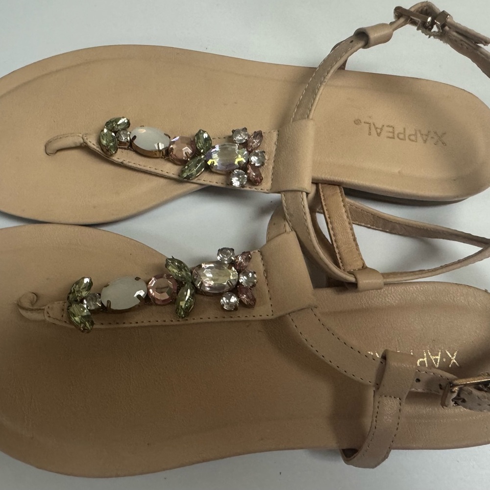 Xappeal Sandals Size 7.5 Size Unmarked Pink And Green Rhinestone Accent Low Heel